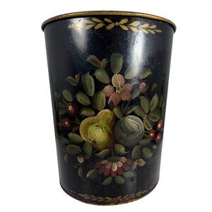 Vintage Toleware Wastebasket Trash Can Hand-Painted Floral and Fruit Designs